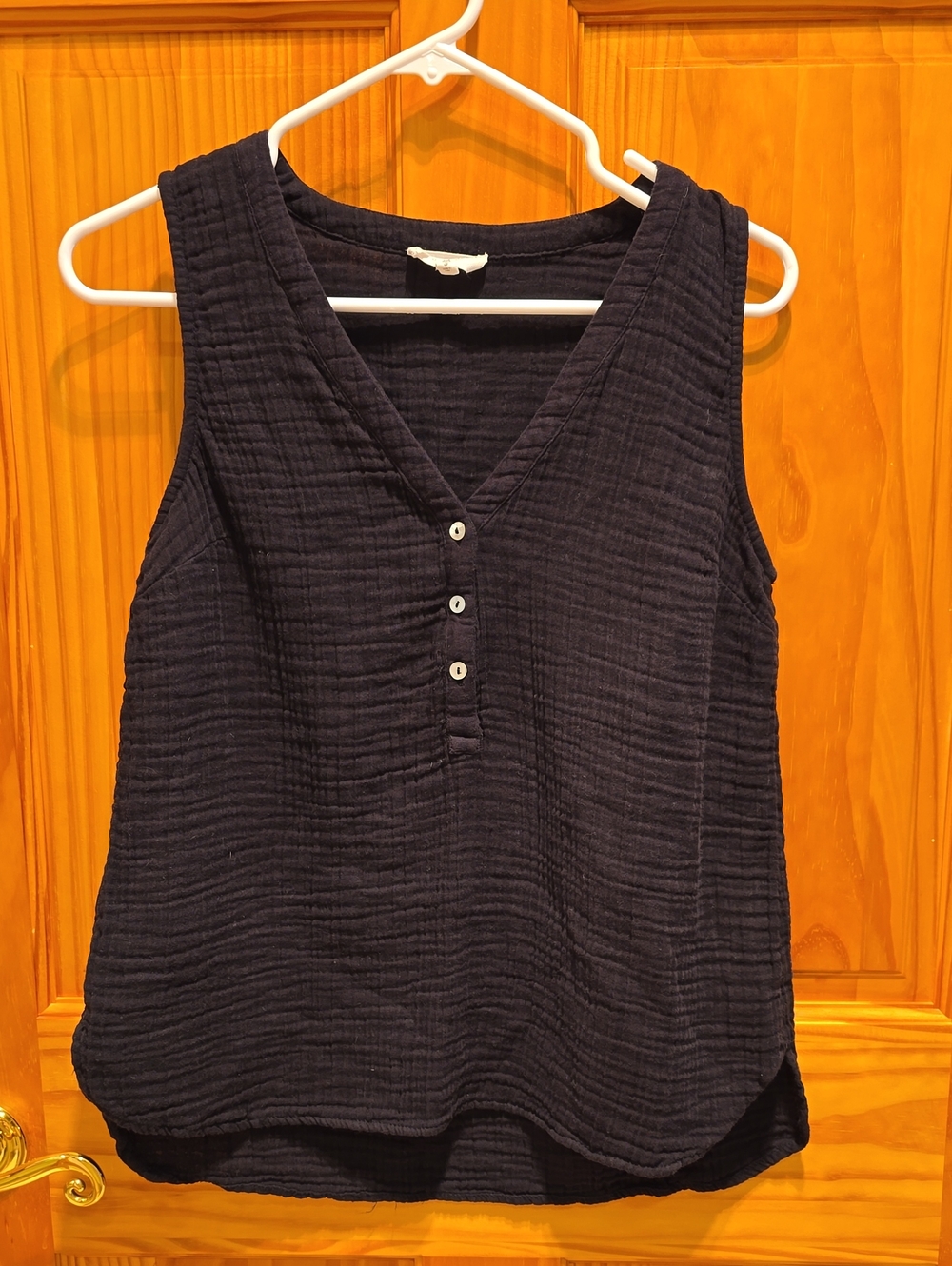 Lou & Grey Navy Textured V-Neck Tank with Button Placket